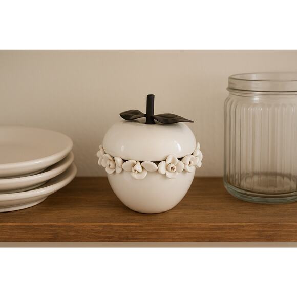 Vintage White Ceramic Apple Figurine w/ Floral Trim & Metal Leaves - Picture 1 of 4